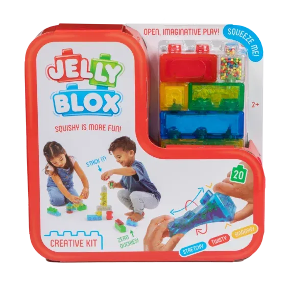 Jelly Blox Creative Kit zachte sensorische blokken, Kind speelt met Jelly Blox Creative Kit, Sensorische bouwblokken gevuld met zand en schuimballetjes