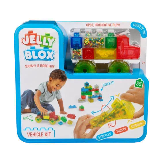 Jelly Blox Creative Kit zachte sensorische blokken, Kind speelt met Jelly Blox Creative Kit, Sensorische bouwblokken gevuld met zand en schuimballetjes